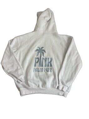 Pink Palm Puff Hoodie White Palm Tree Embroidered Pullover Sweatshirt L